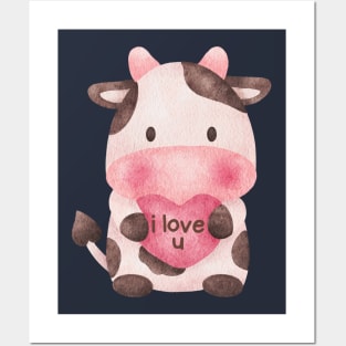 I Love You Cute Cow Holding Heart Valentines Day Couple Gift Posters and Art